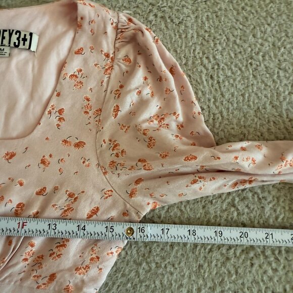 Audrey 3+1 Dress Pink Floral Midi Puff‎ Sleeve Tie Boho Rayon Lined - Picture 7 of 15